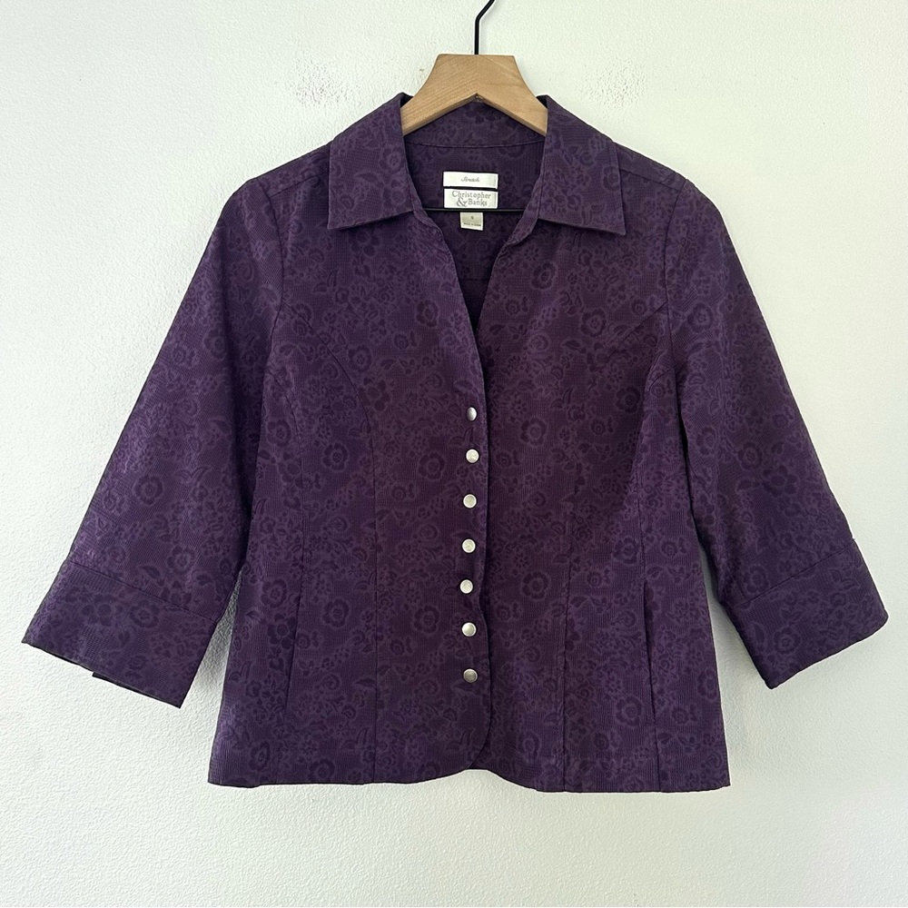 Vintage Christopher & Banks Purple Floral Snap Front Jacket Sz S Stretch Grandma